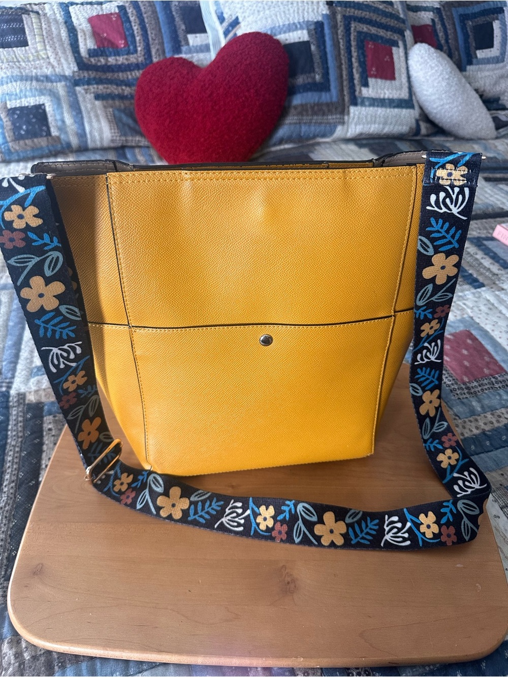 Yellow Crossbody Tote with Floral Strap